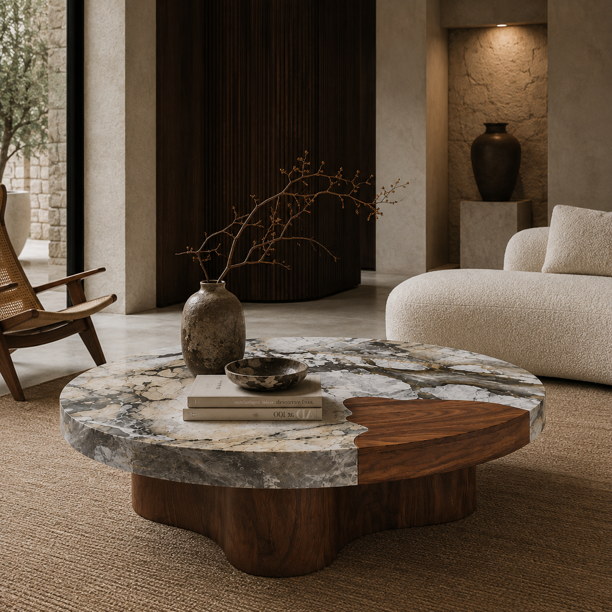 Marden round marble and wood coffee table showing the distinctive natural wood insert within the marble top