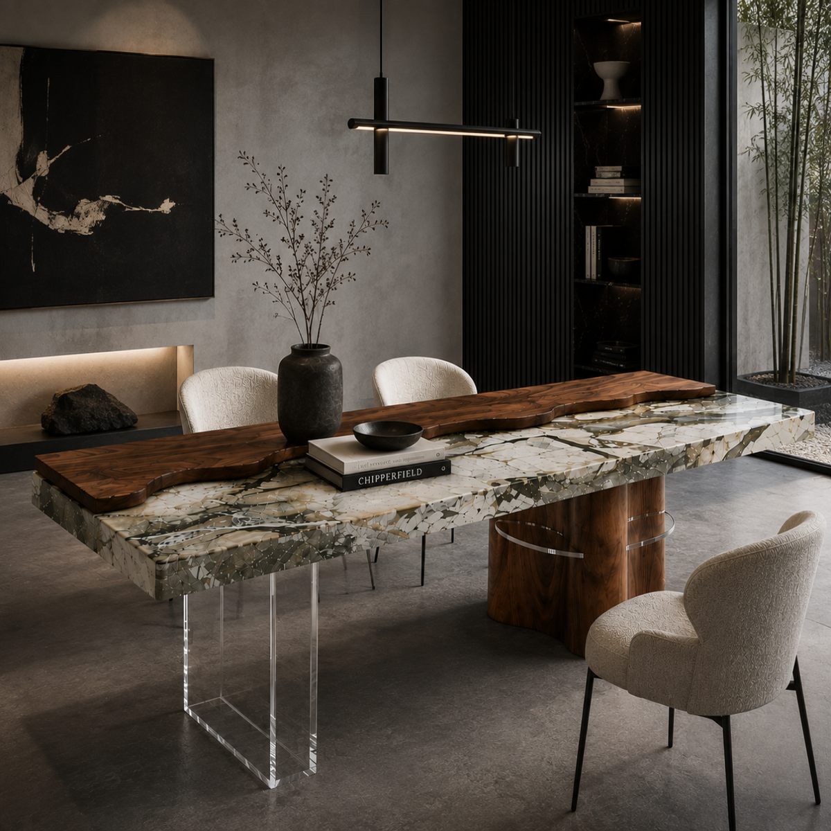 Loxley marble and wood dining table with asymmetric pedestal base