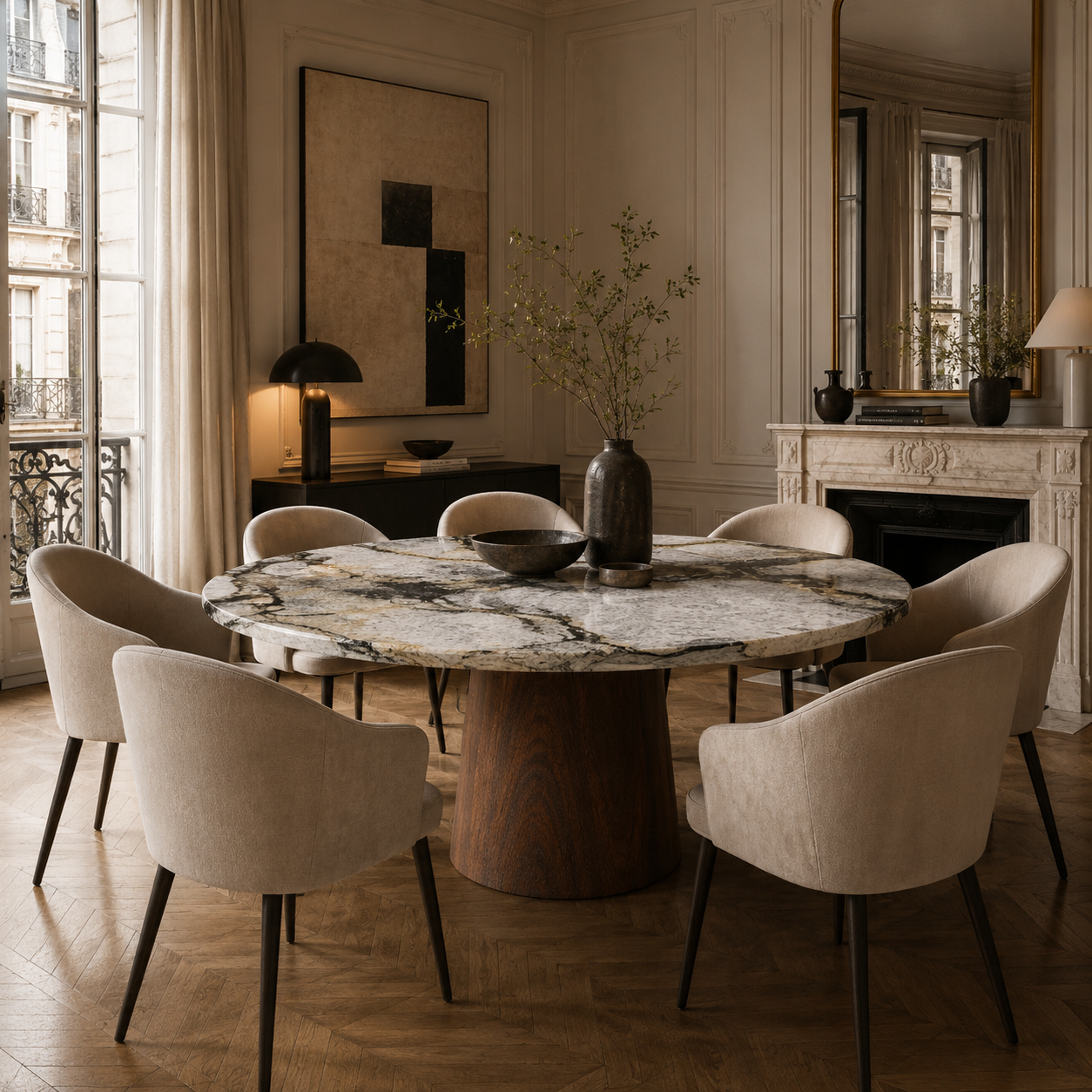 Tillingham Marble & Wood Round Dining Table