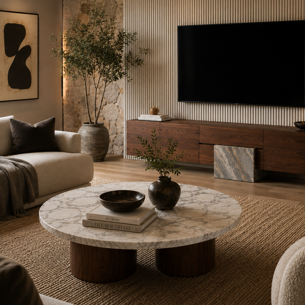 Alveston Round Marble & Wood Coffee Table