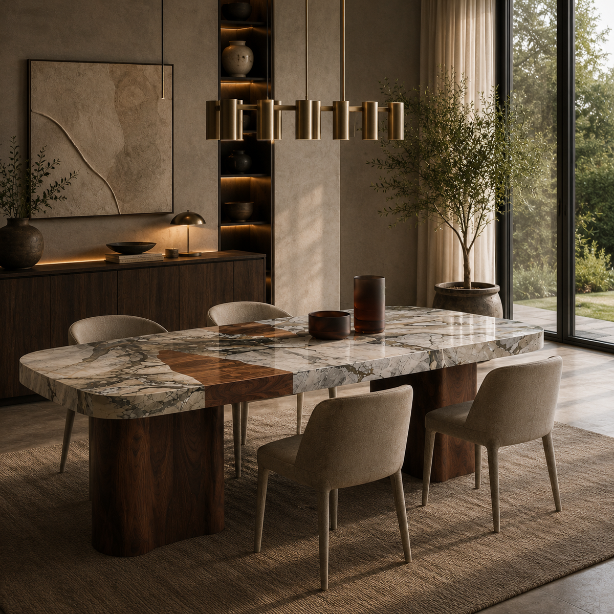 Inglewood marble and wood dining table with statement natural marble top