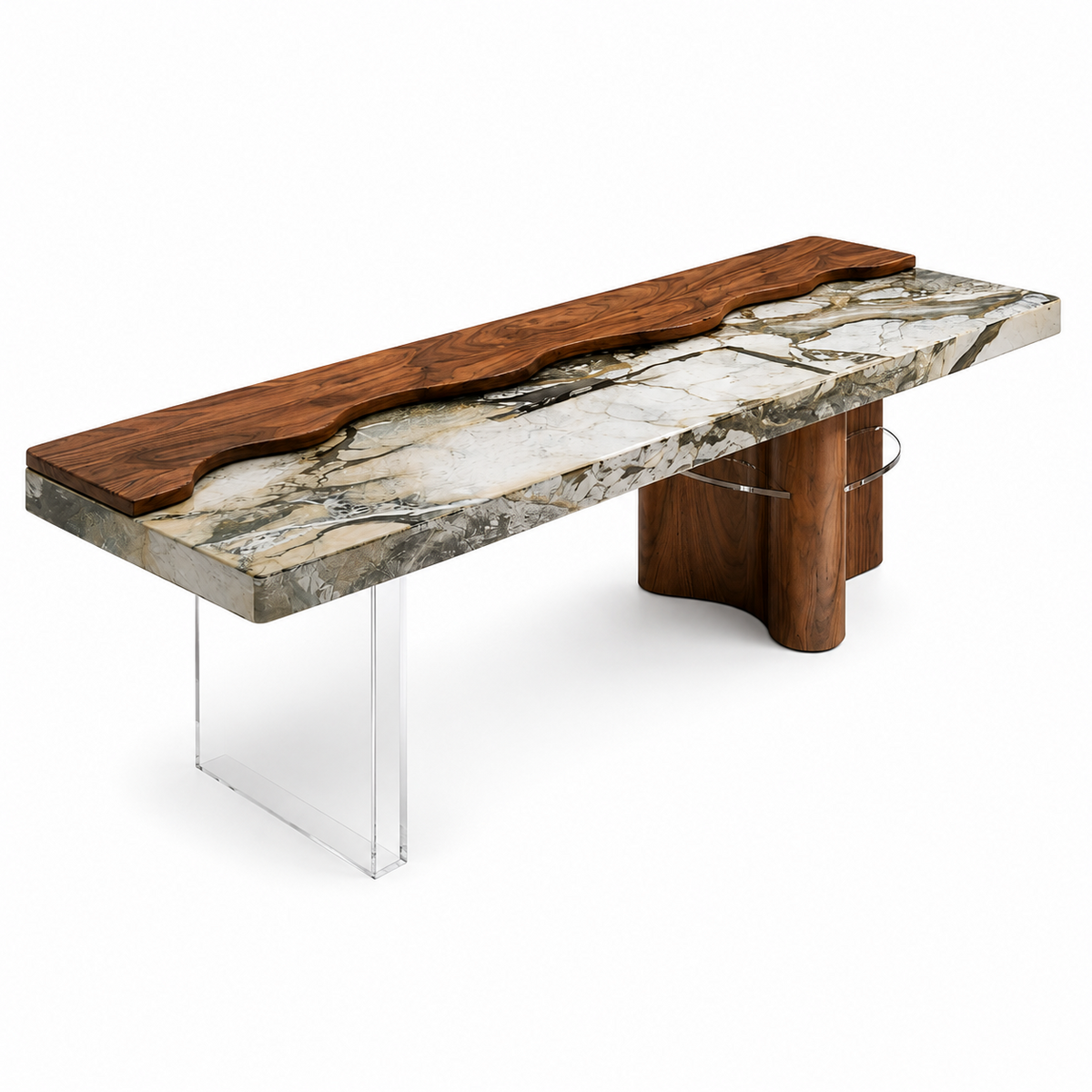 Loxley dining table with natural marble, walnut wood and clear acrylic