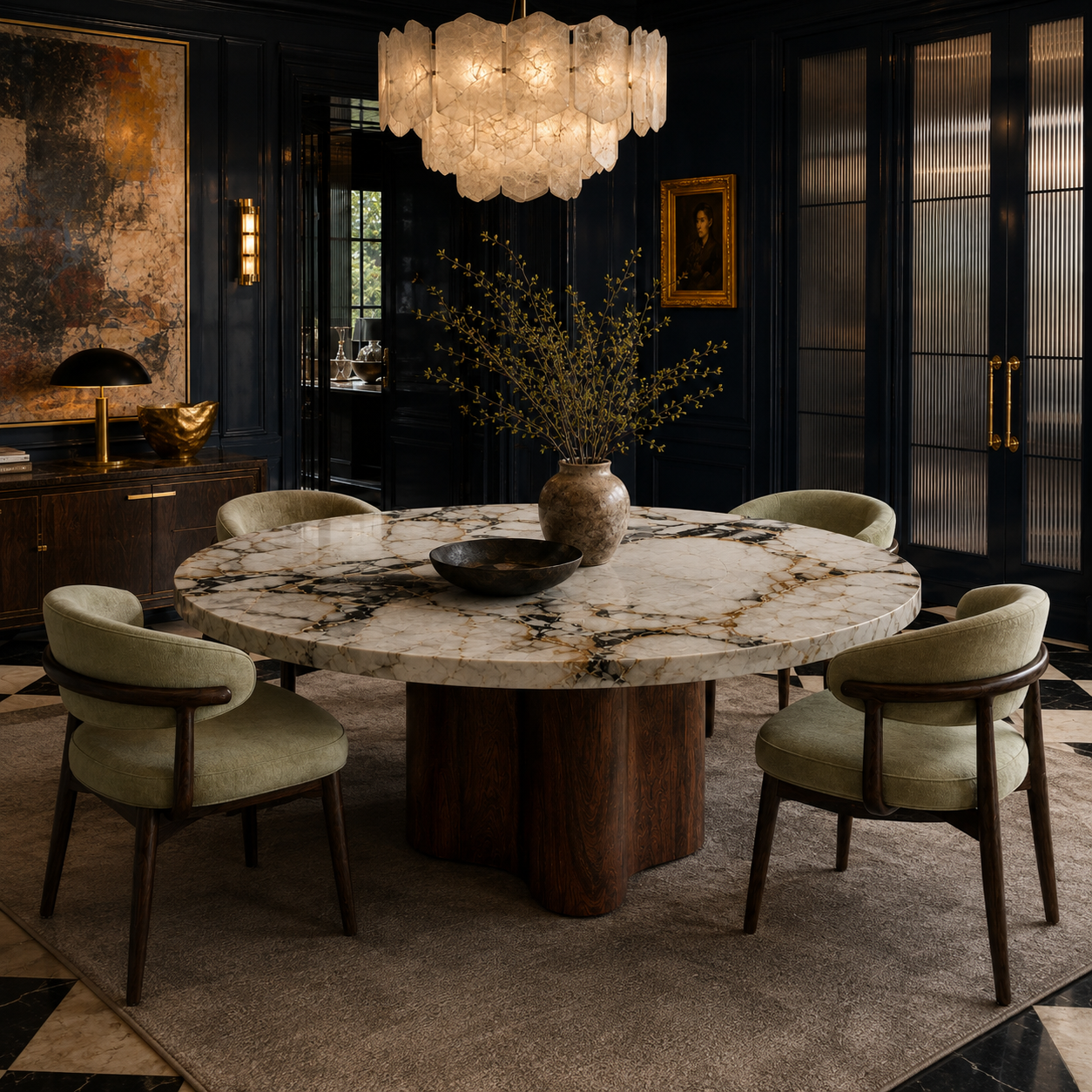 Rivington Marble & Wood Round Dining Table