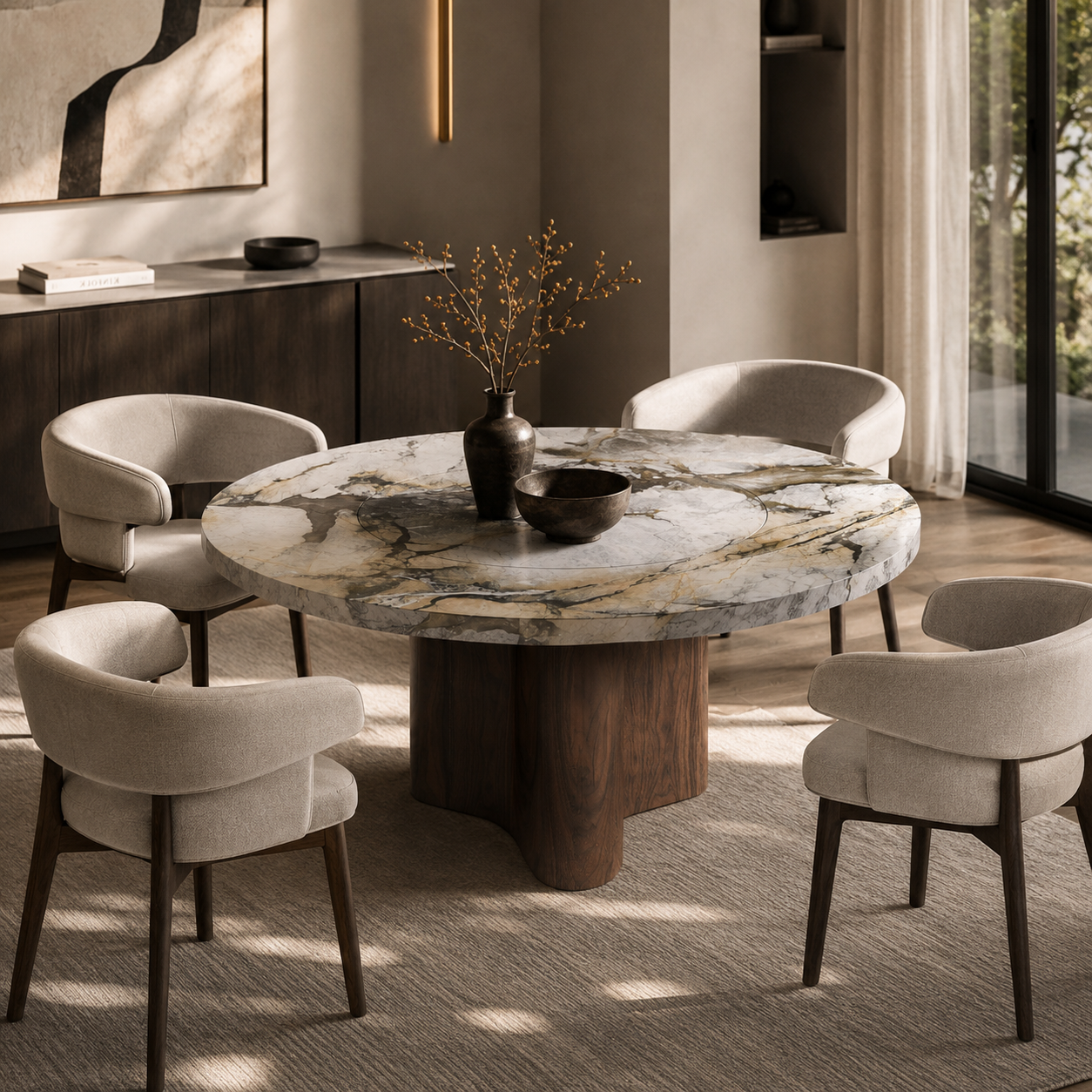 Rivington Marble & Wood Round Dining Table