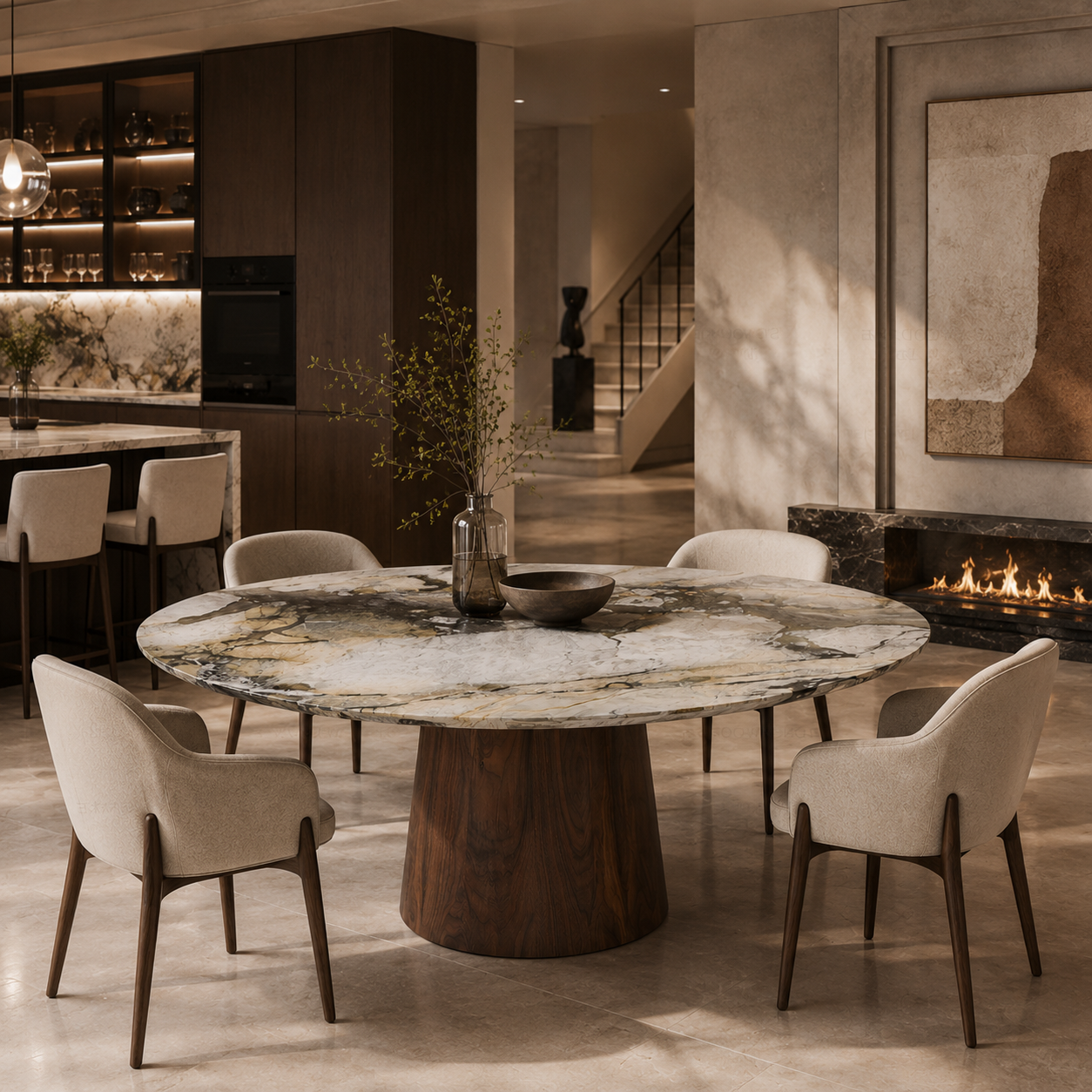Tillingham Marble & Wood Round Dining Table